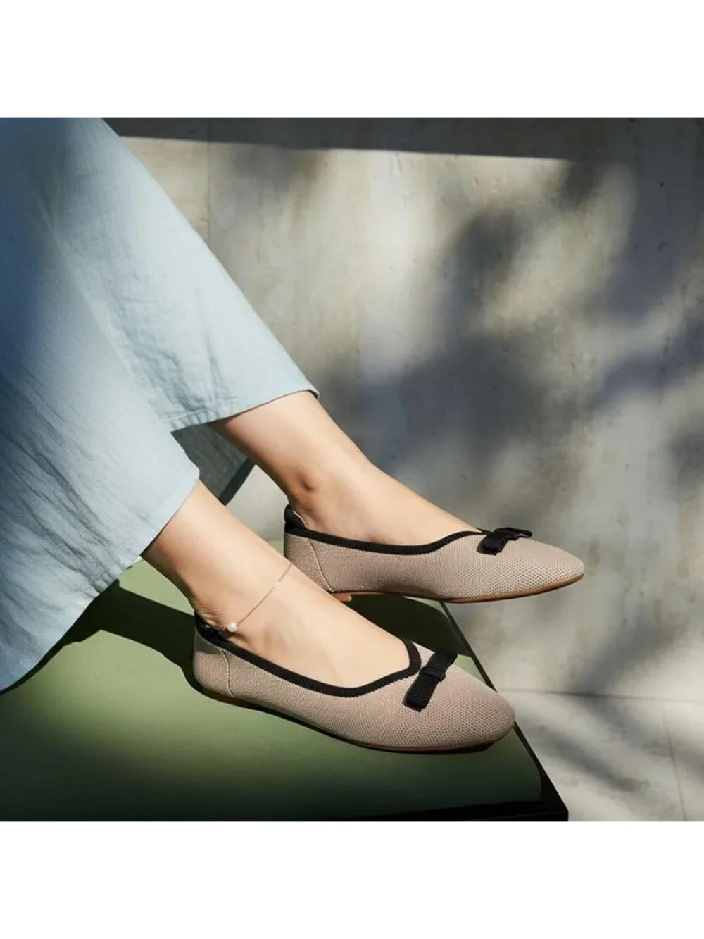 Frank Mully Women's Khaki Black Rubber Knit Squared Toe Bow Slip On Ballet Flats